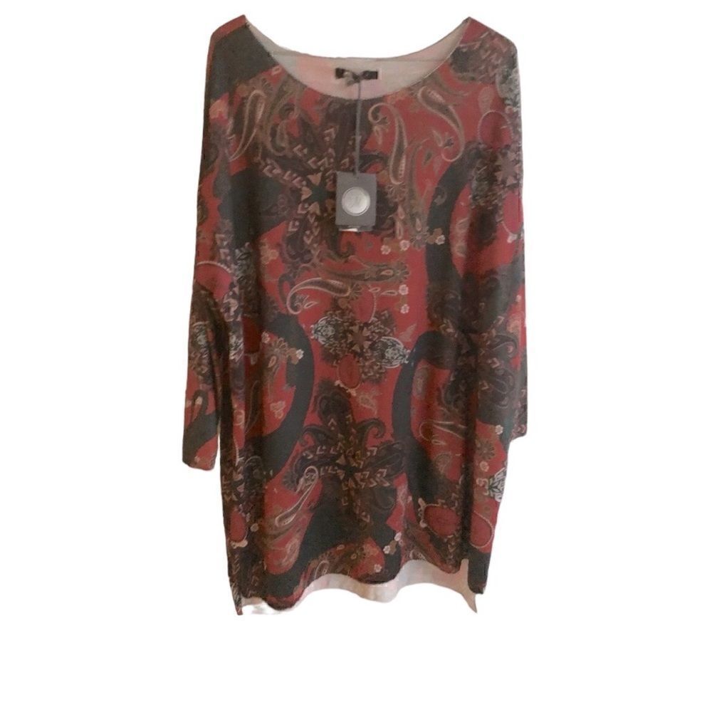 M made in Italy NWT Women’s Paisley Rust, Silver Neck Detail Dk Green Top Size:L